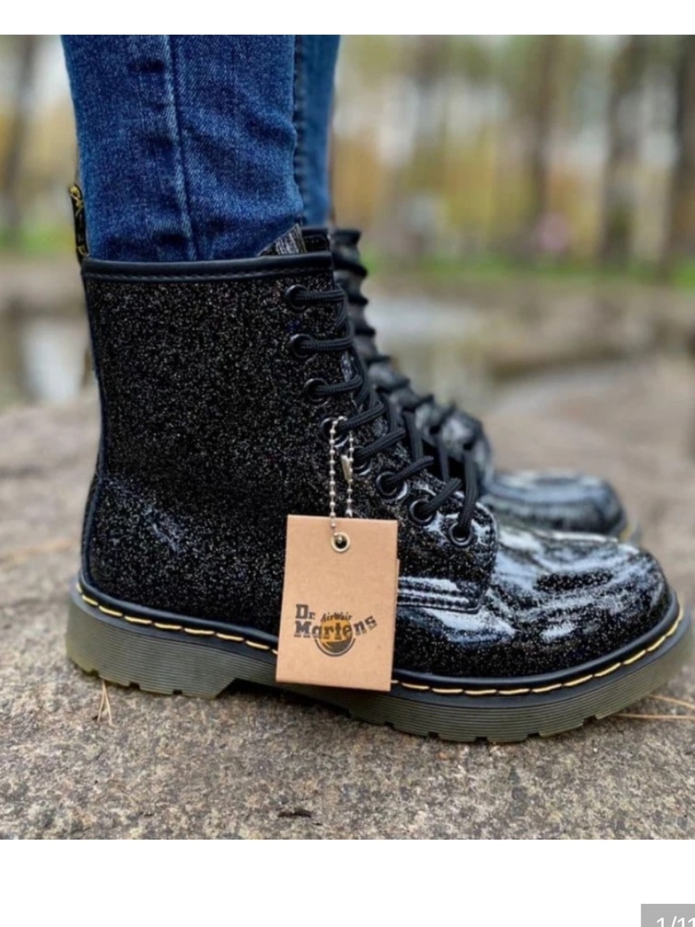 Dr. Martens Black Sparkle Patent Lace-Up Boots